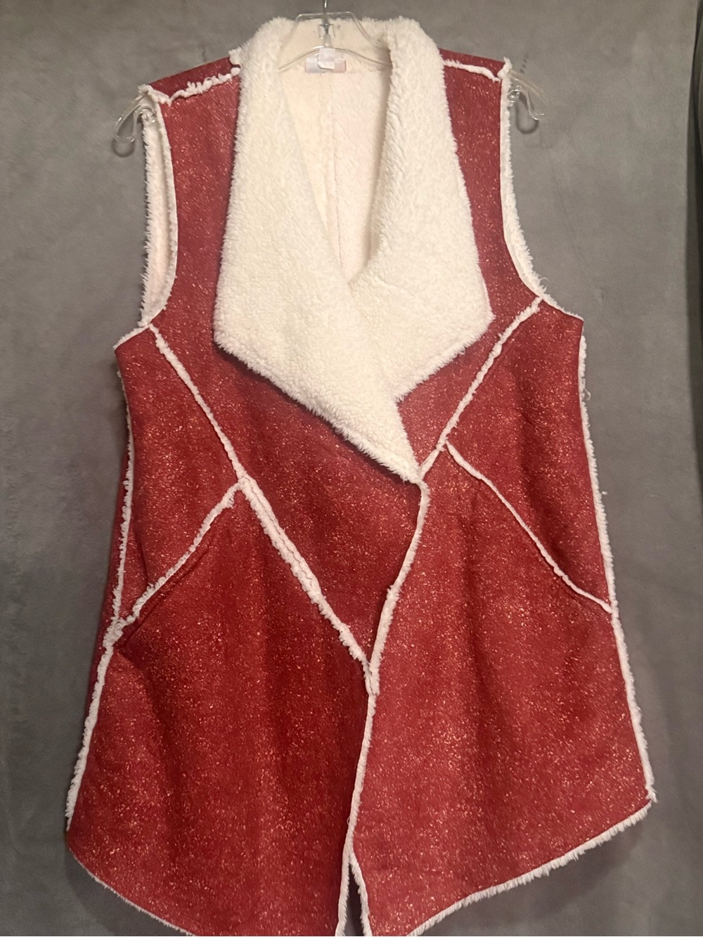 LuLaRoe Rust Red Vest with Ivory Sherpa Trim